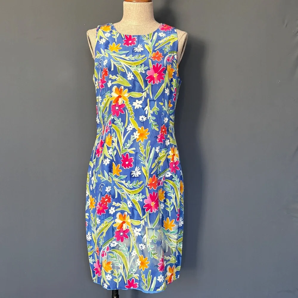 Maggy London Silk Floral Sheath Dress | Sz 6 | Blue Tropical Keyhole Back - Picture 2 of 8